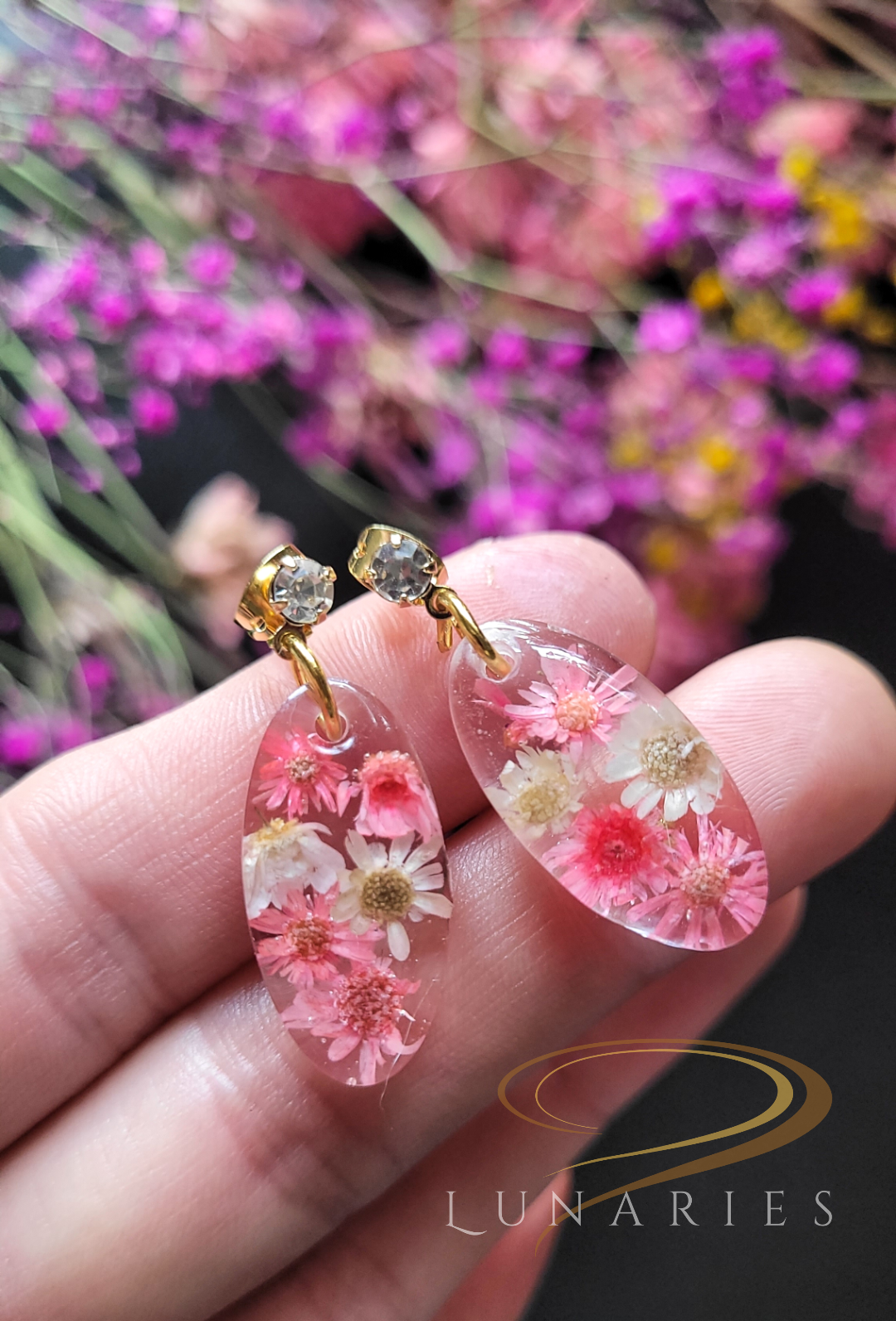 Oval Resin Earrings with Pink Flowers and Cubic Zirconia Stud - Image 2