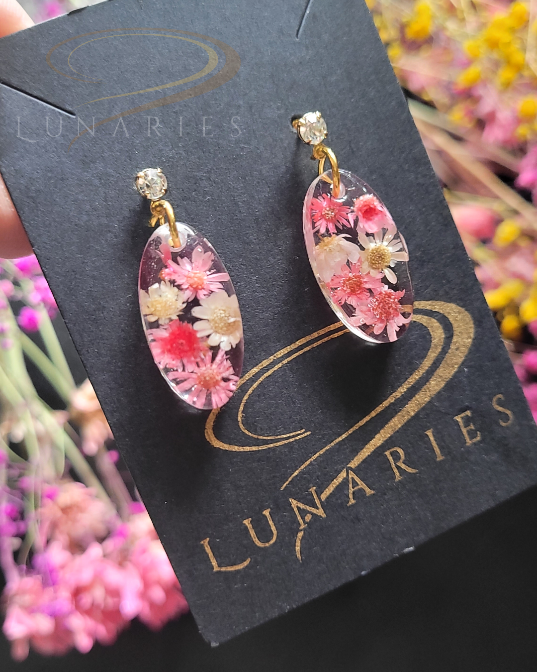 Oval Resin Earrings with Pink Flowers and Cubic Zirconia Stud - Image 3