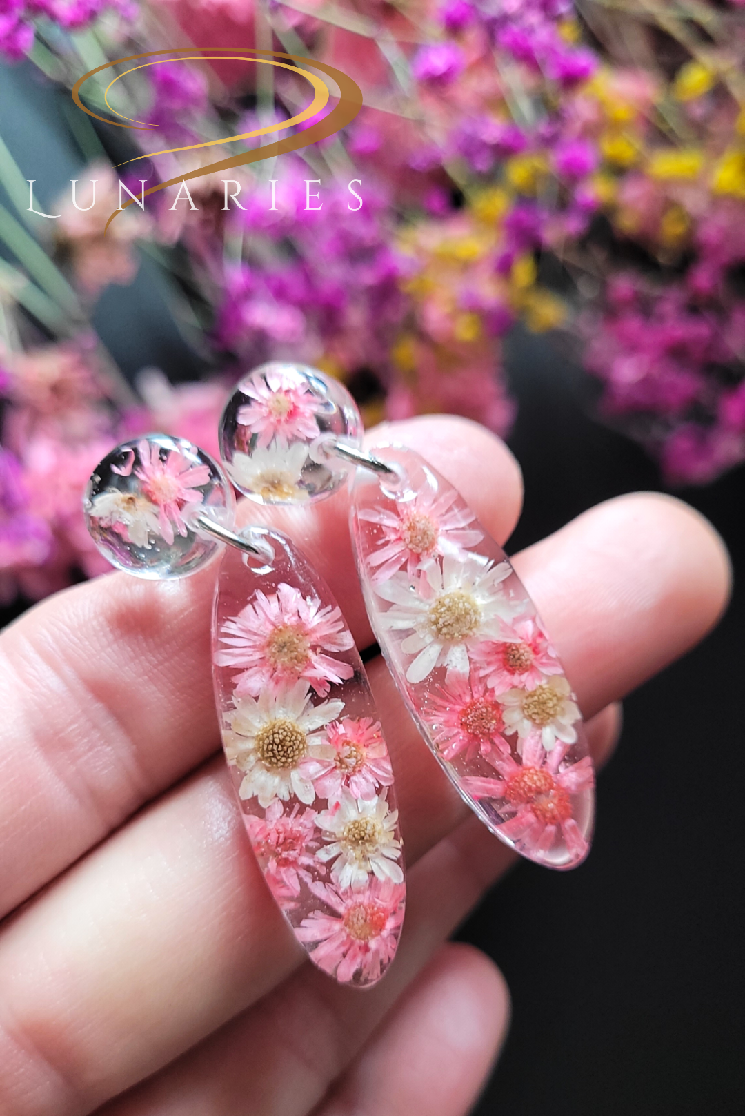 Oval Resin Earrings with Pink and White Flowers - Image 2
