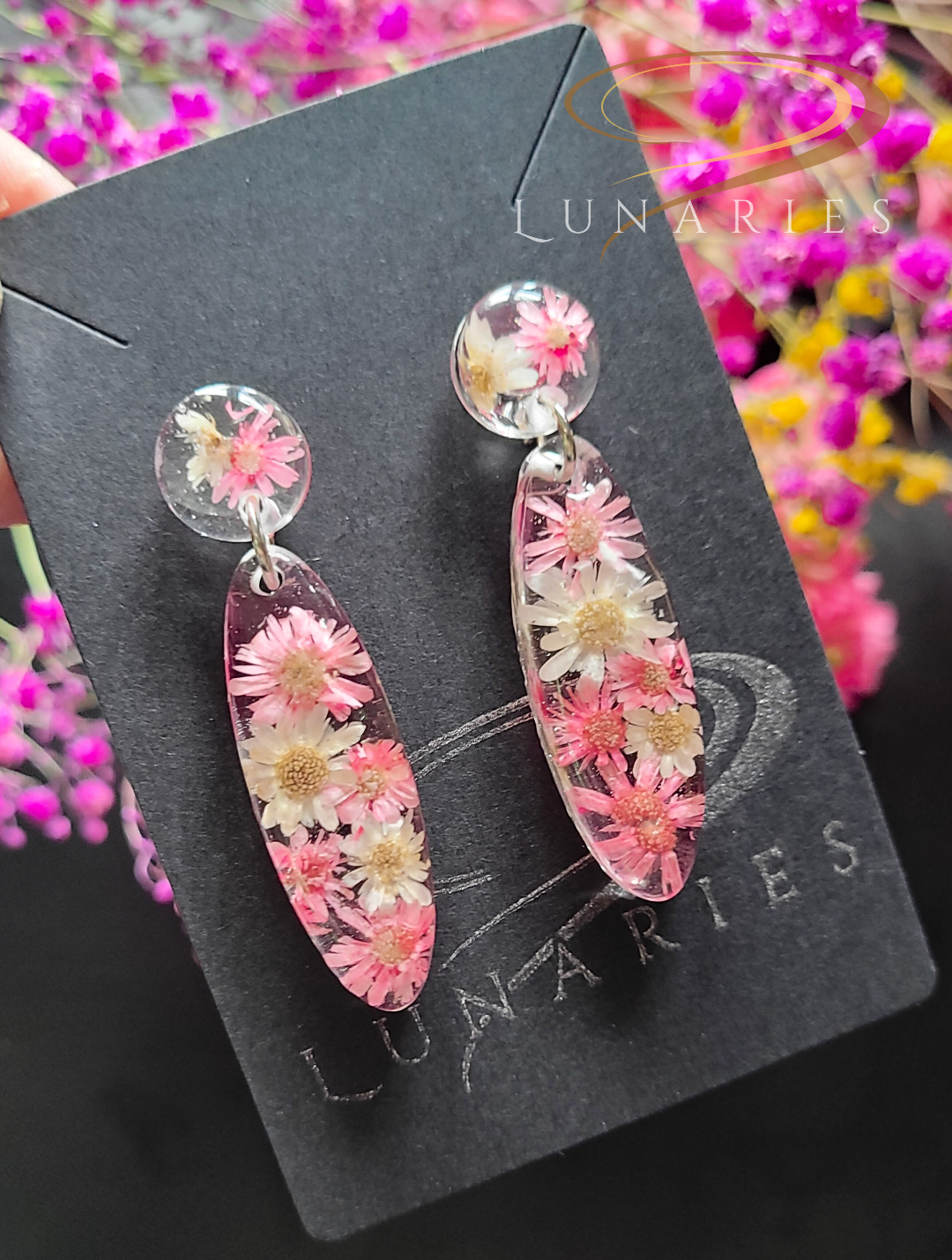 Oval Resin Earrings with Pink and White Flowers - Image 3