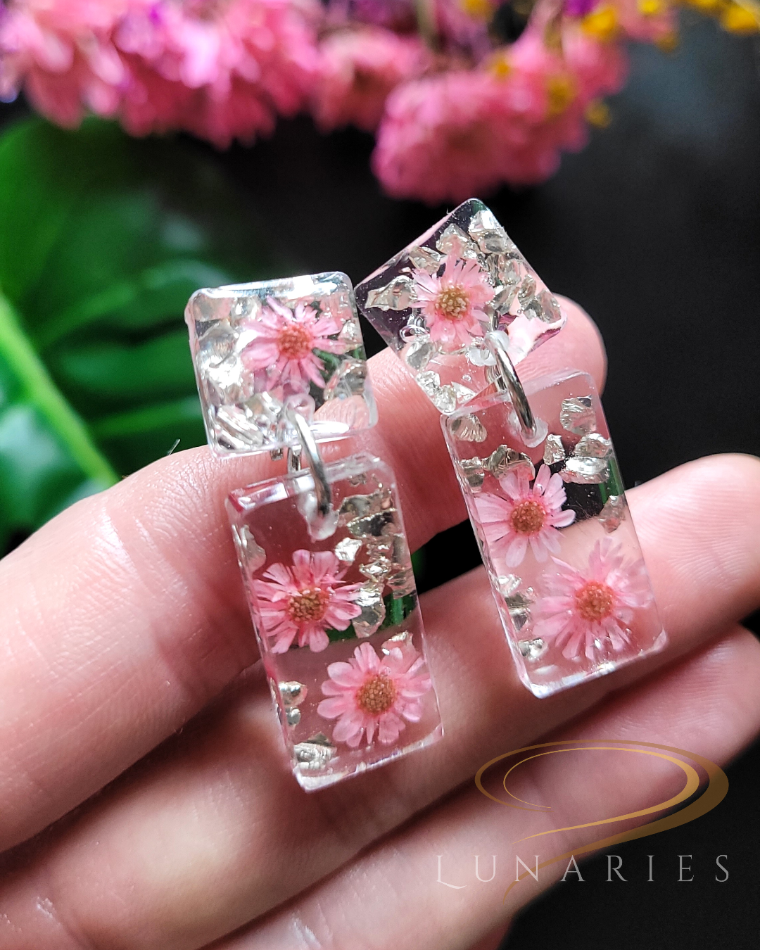 Rectangular Resin Earrings with Pink Flowers Finished with a Stud - Image 2