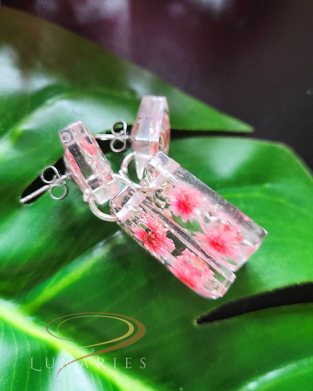 Rectangular Resin Earrings with Pink Flowers Finished with a Stud - Image 4