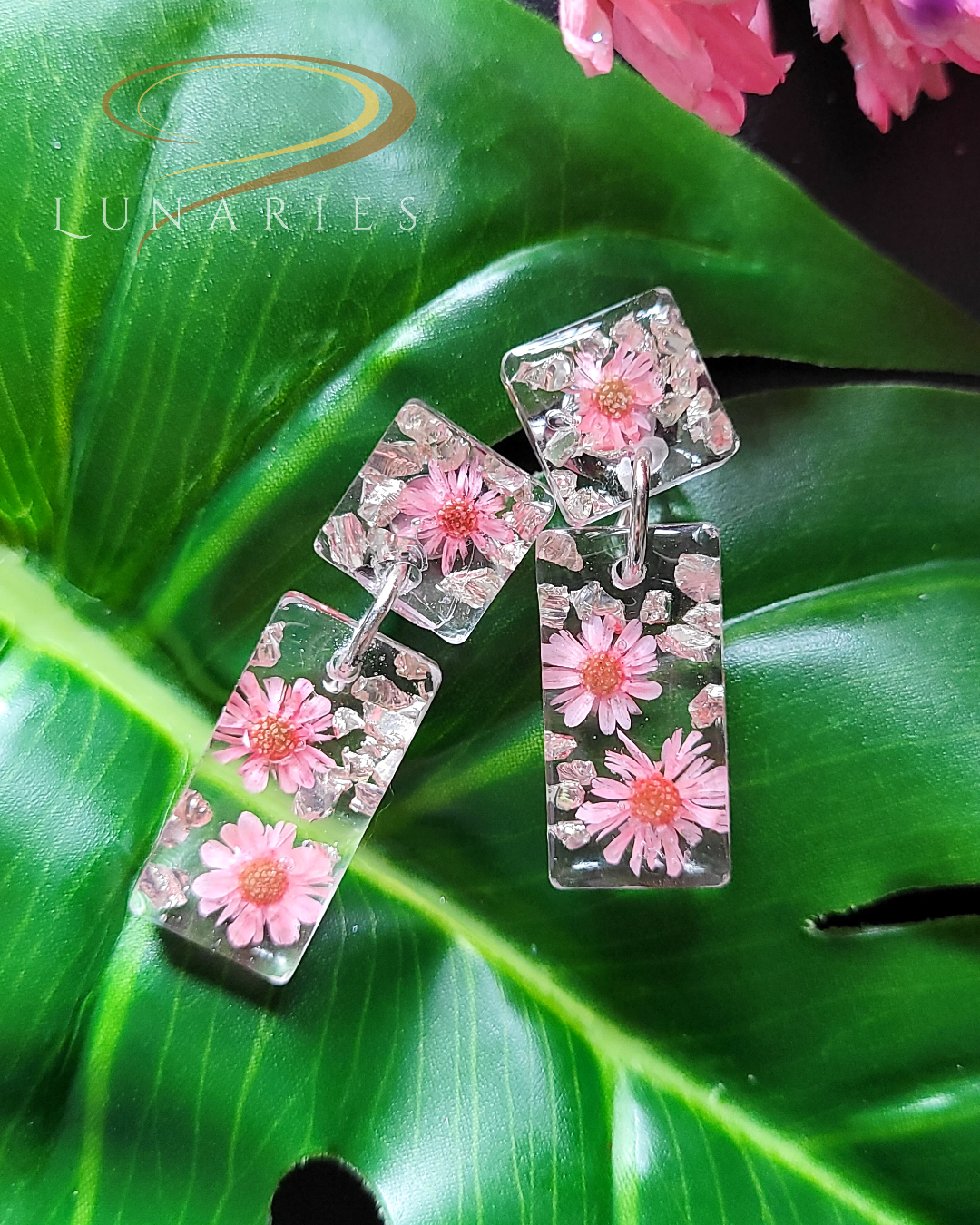 rectangular resin earrings with real pink dried flowers finished with a stud