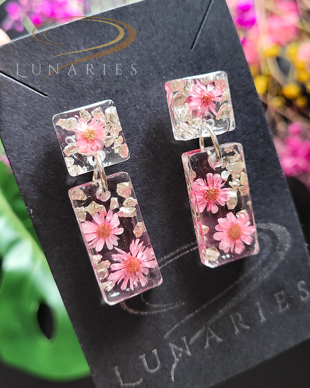 Rectangular Resin Earrings with Pink Flowers Finished with a Stud - Image 3