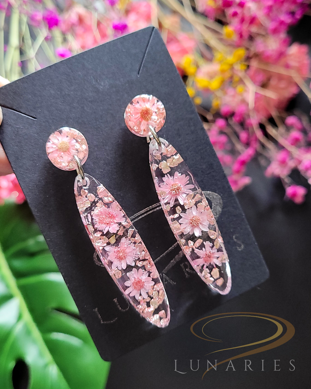 Oval Resin Earrings with Pink Flowers - Image 4