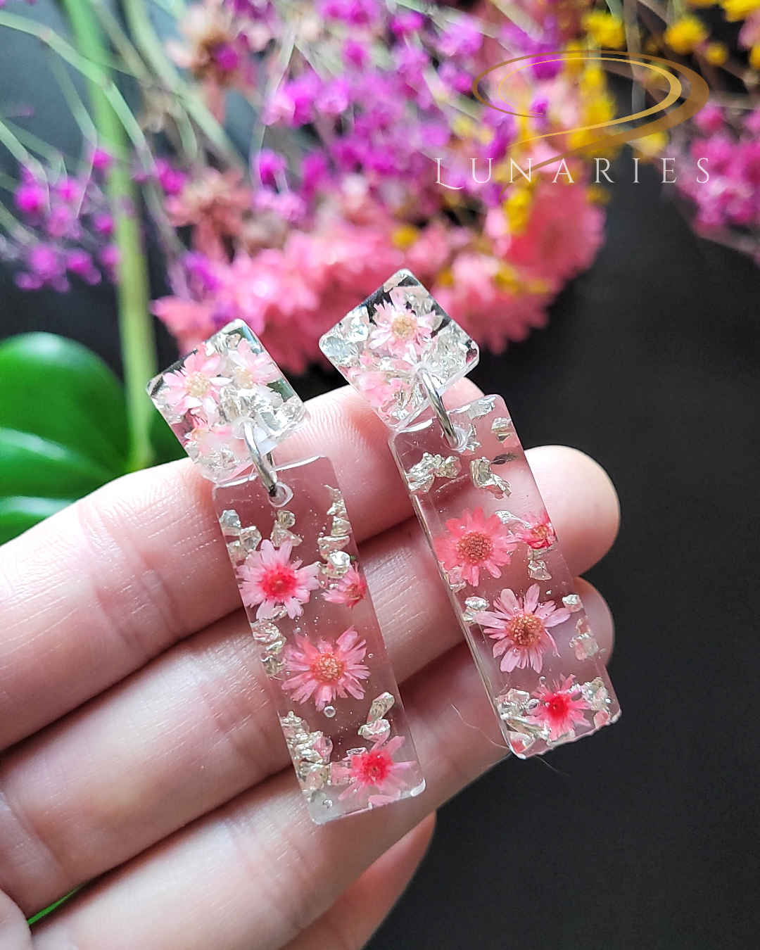 Rectangular Resin Earrings with Pink Flowers Finished with a Stud - Image 3