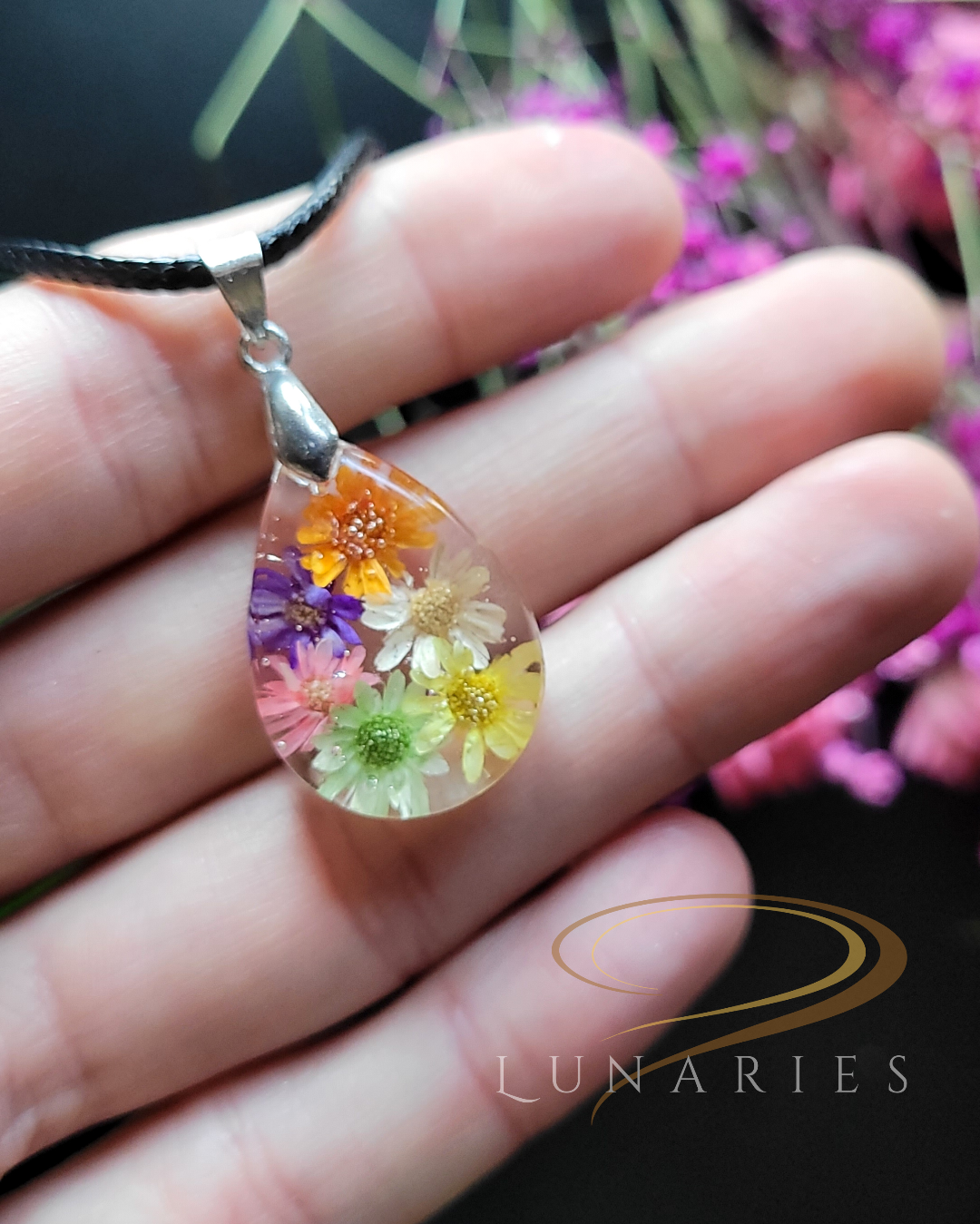 Teardrop Resin Pendant with Real Dried Flowers - Image 2