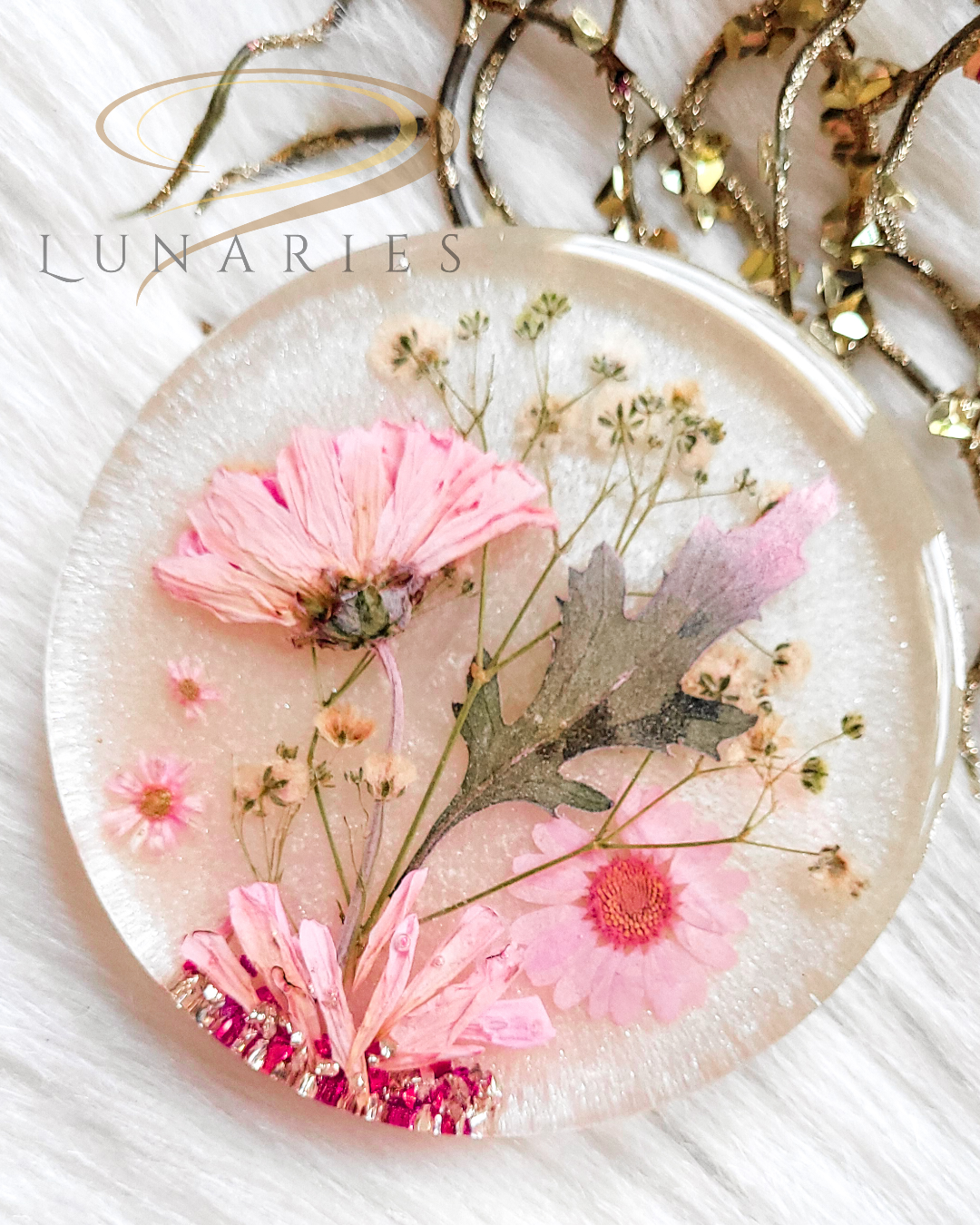 White Pearl & Pink Floral Resin Accent