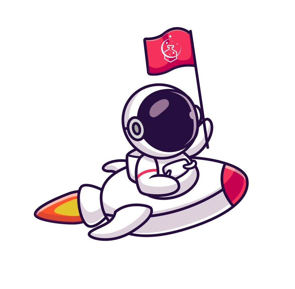 illustrated astronaut flying on a rocket ship waving a flag with the LunarLab logo