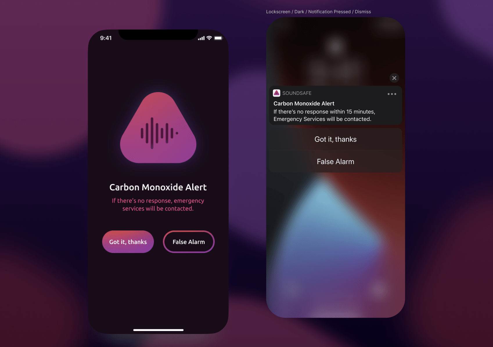 Screenshots of the SoundSafe App showing alert and notification