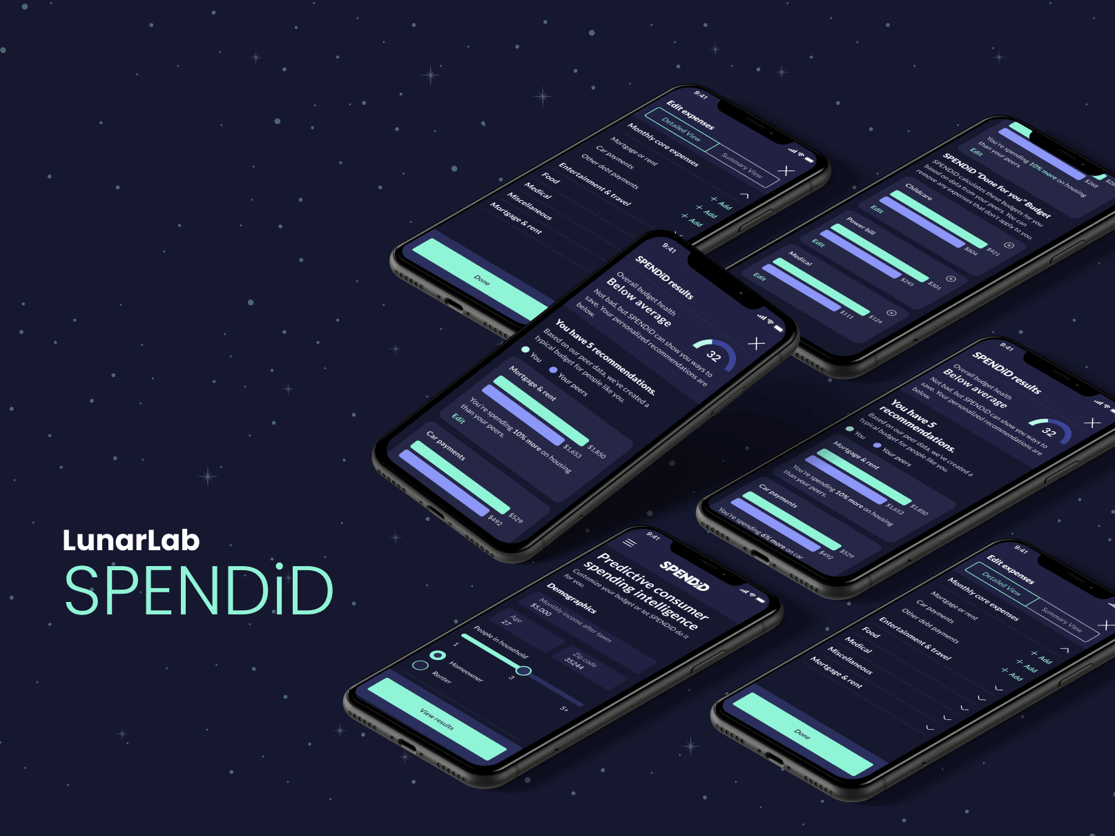 Mockups of mobile devices showing Spendid screens