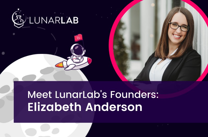 Banner with an image of Elizabeth Anderson, the moon, and an astronaut. Text reads: "Meet LunarLab's Founders: Elizabeth Anderson"