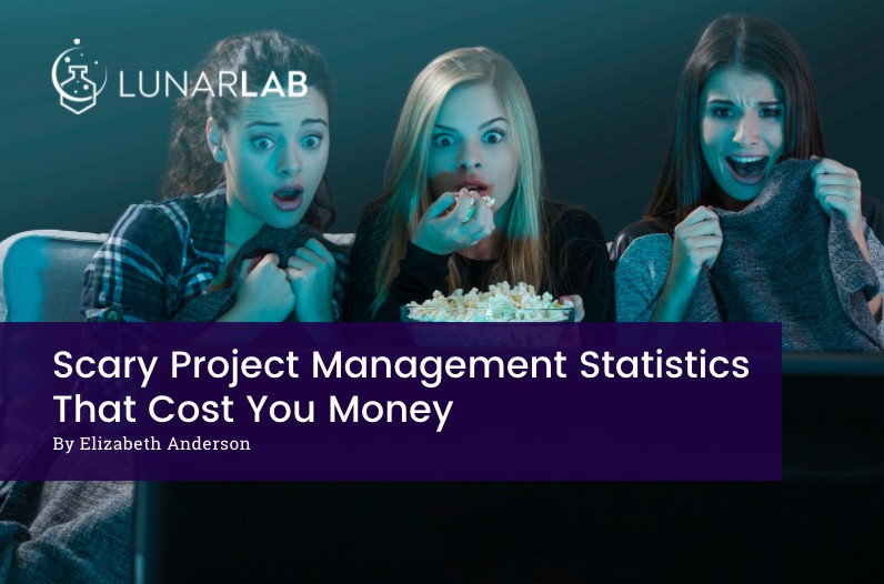 Banner with 3 women watching a scary movie about project management failures. Text reads: "Scary Project Management Statistics That Cost You Money" by Elizabeth Anderson