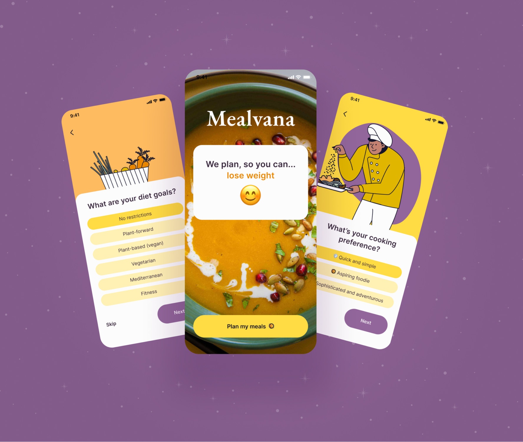Redesigned UI mockups of the Mealvana mobile app