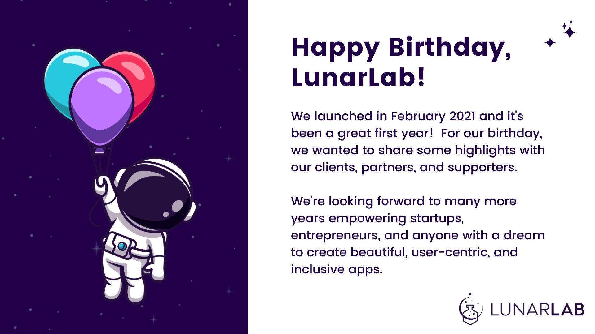 Image of astronaut with balloons. Text reads: "Happy birthday, LunarLab! We launched in February 2021 and it's been a great first year! For our birthday, we wanted to share some highlights with our clients, partners, and supporters. We're looking forward to many more years empowering startups, entrepreneurs, and anyone with a dream to create beautiful, user-centric, and inclusive apps."