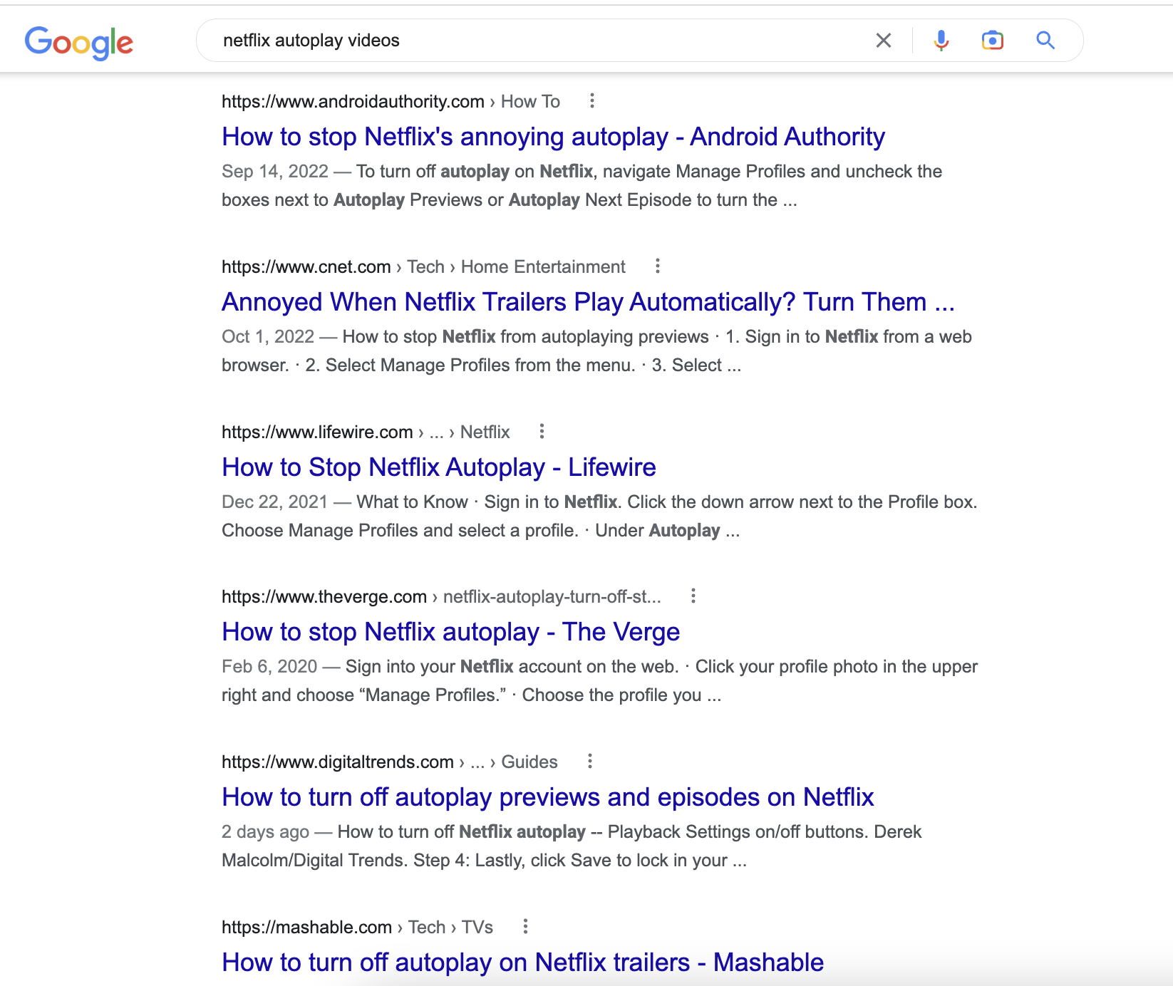 Screenshot of Google search results after googling, "Netflix Autoplay Videos". Shows a page of results about how to turn off autoplay