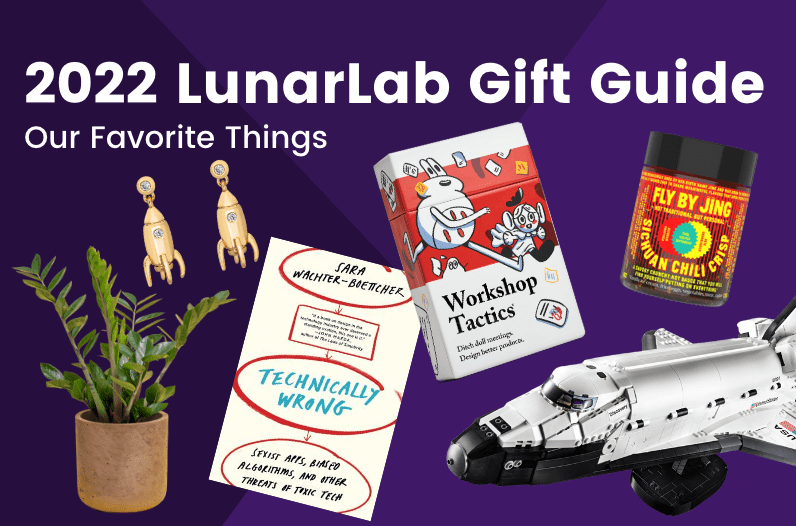 Several gift ideas shown on a purple background. White text reads: "2022 LunarLab Gift Guide. Our Favorite Things"