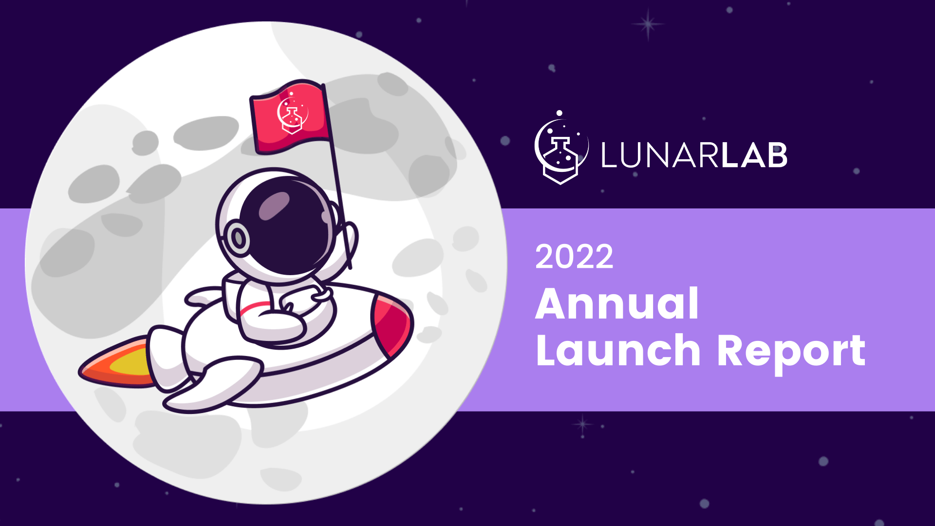 Moon with an astronaut flying over it on a purple background. Text reads "LunarLab 2022 Annual Launch Report"