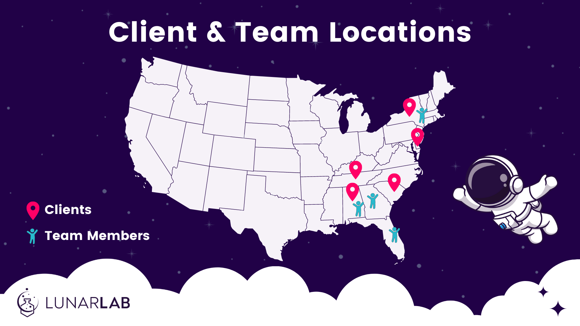 Dark purple background with a white map of the United States. Pink pins on the map show LunarLab's client locations in Alabama, South Carolina, Tennessee, Delaware, and New York. Blue pins on the map show LunarLab's team members in Alabama, Georgia, New York, and Florida.