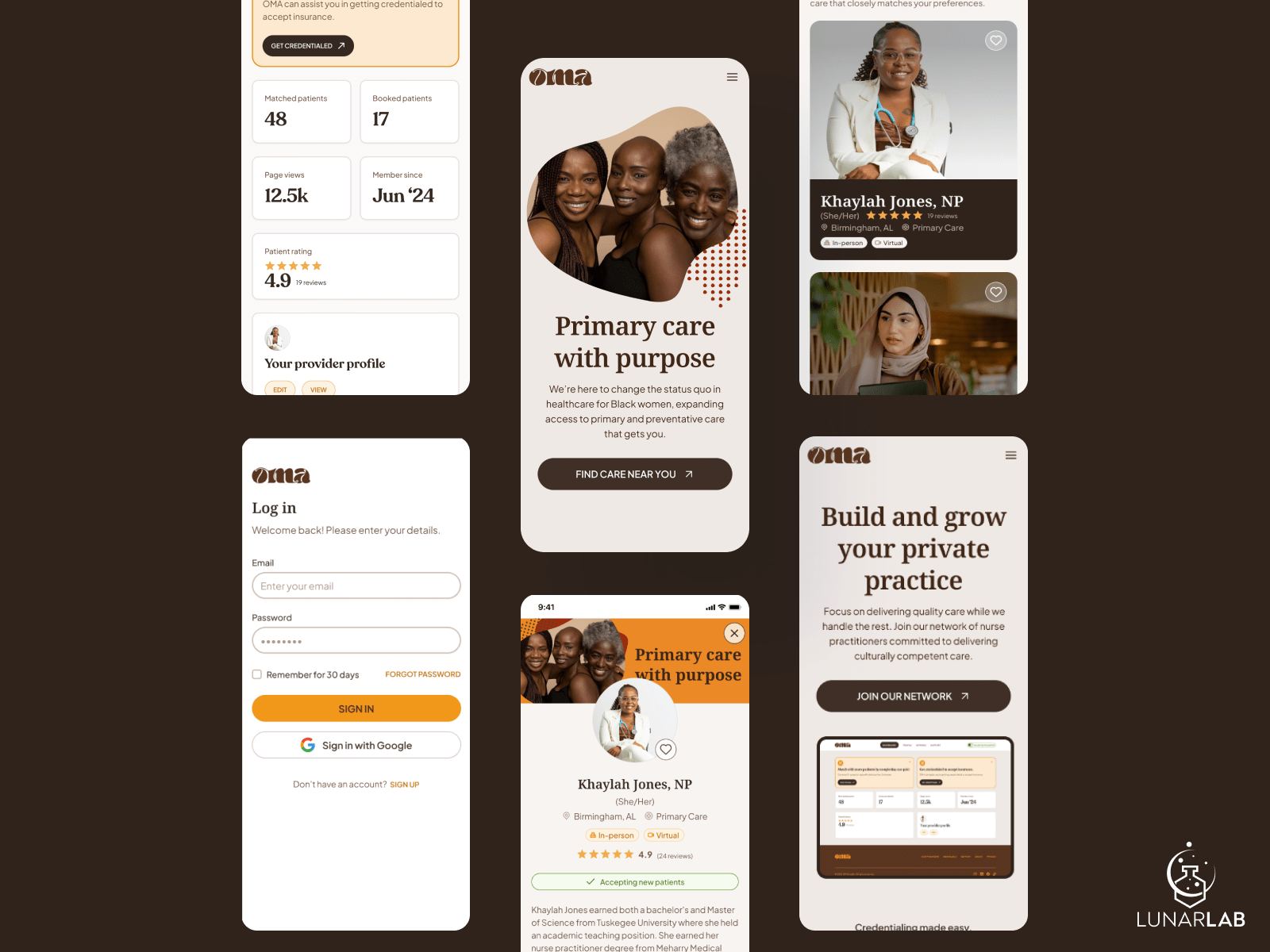 UI mockups of OMA Health primary care marketplace app