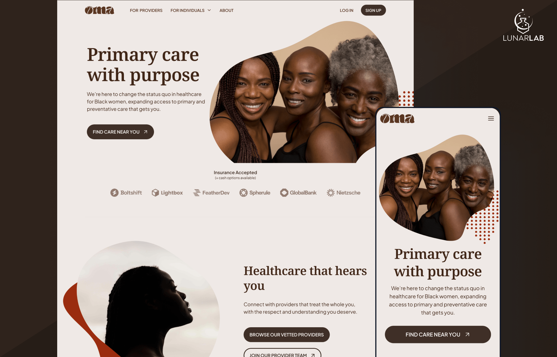 UI mockups of OMA Health primary care marketplace app