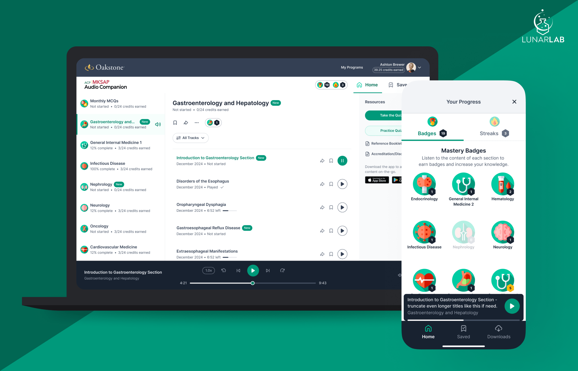 mockup of MKSAP 19 audio companion app gamification