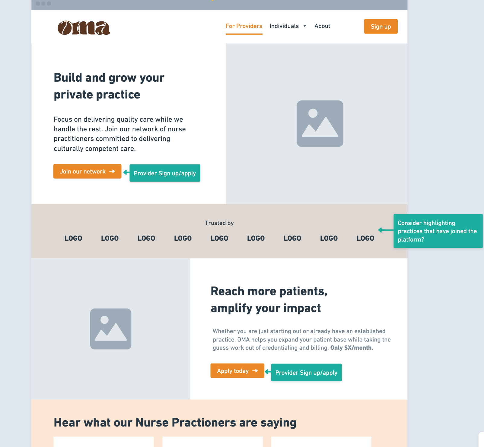 wireframes of OMA Health primary care marketplace app