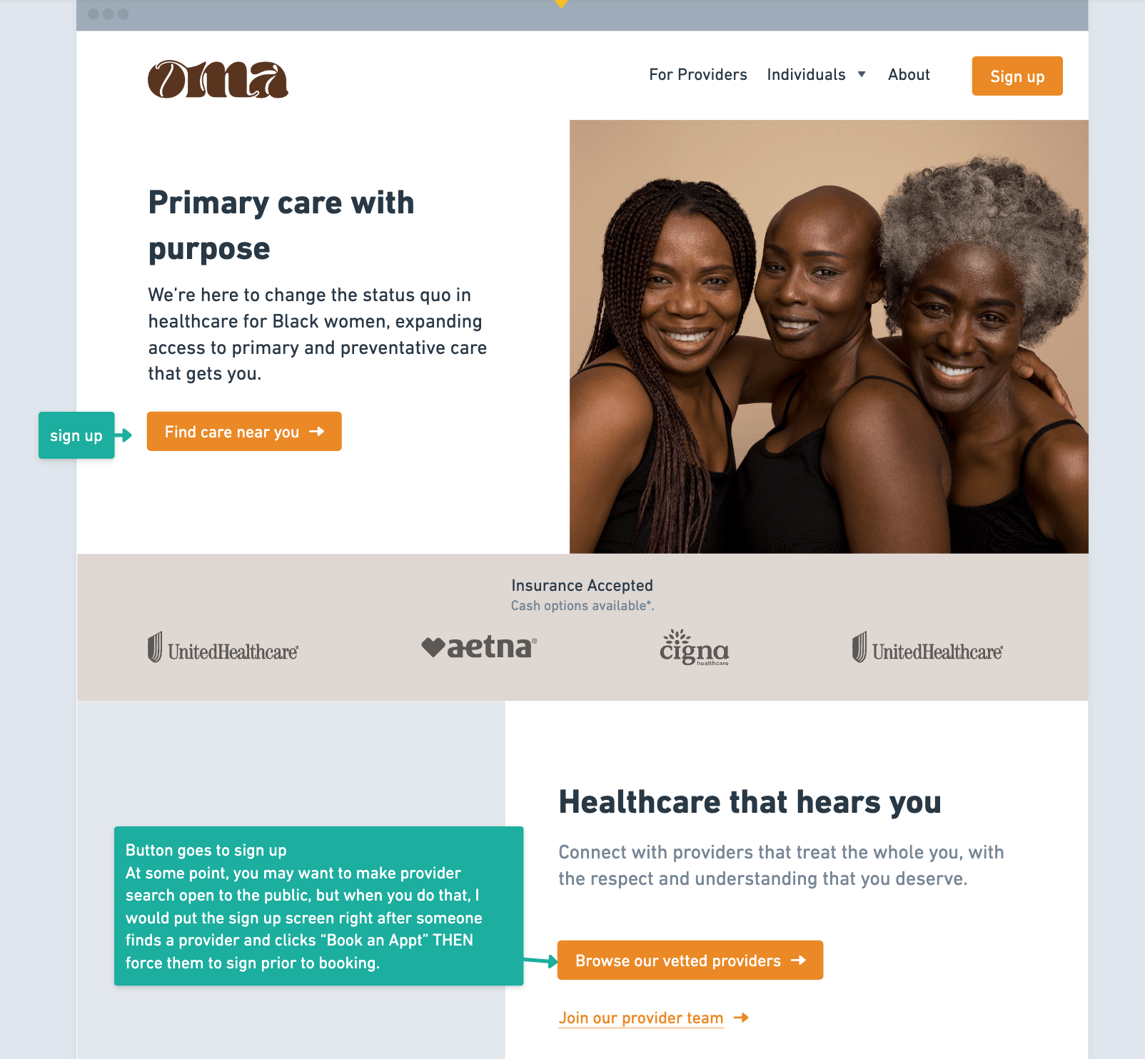 wireframes of OMA Health primary care marketplace app