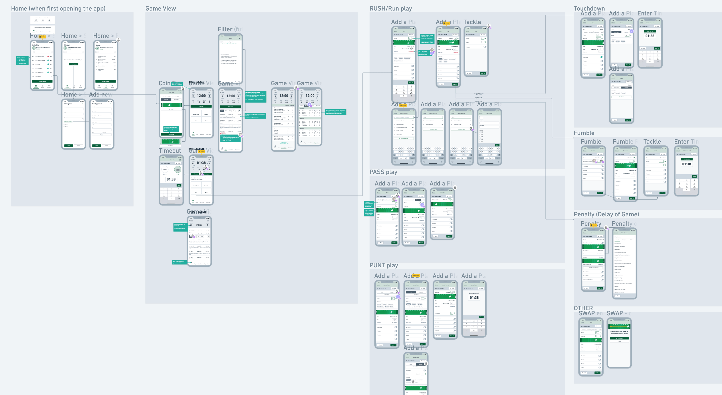 wireframe designs of football stats app