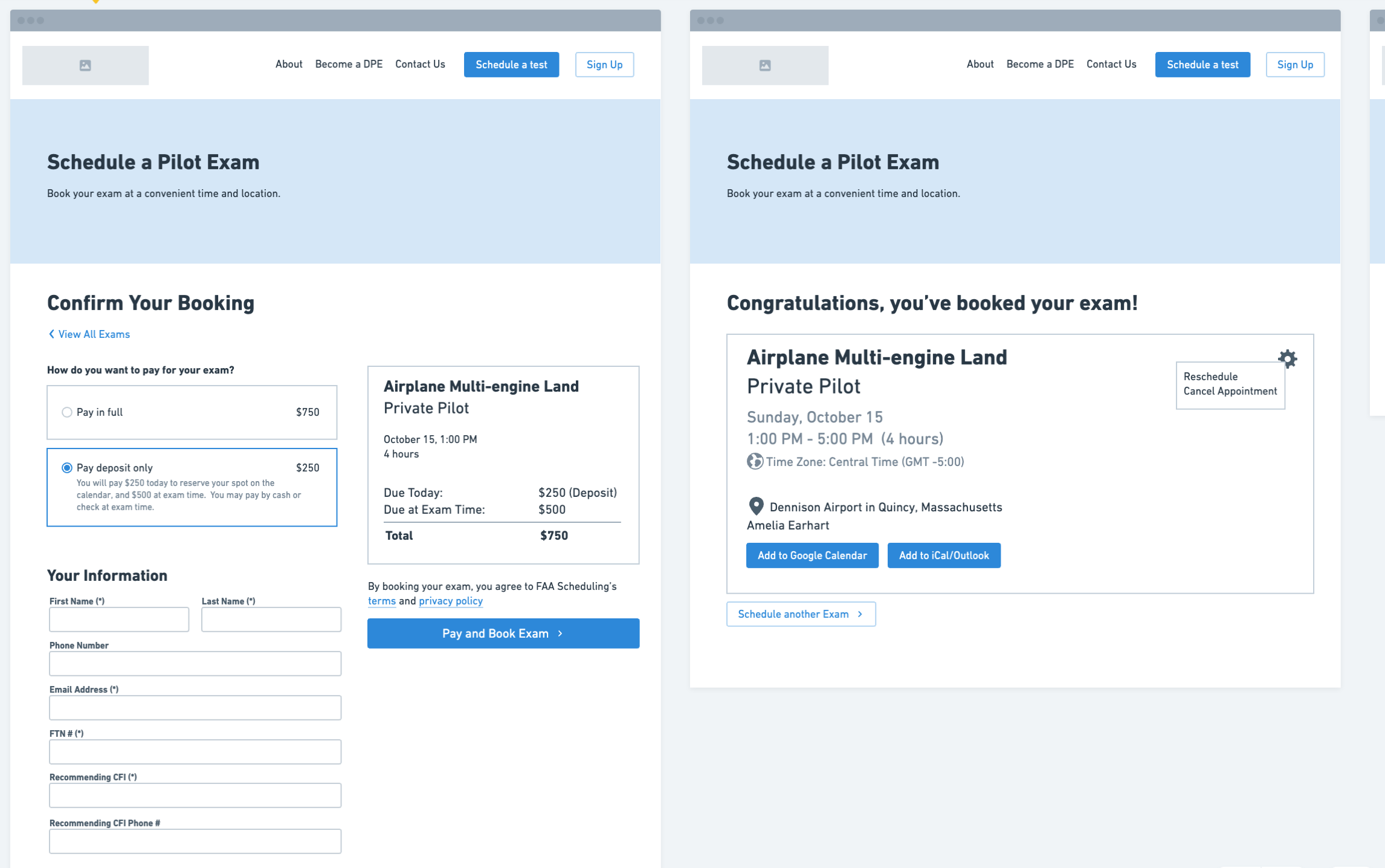 Pilot exam scheduling software wireframe