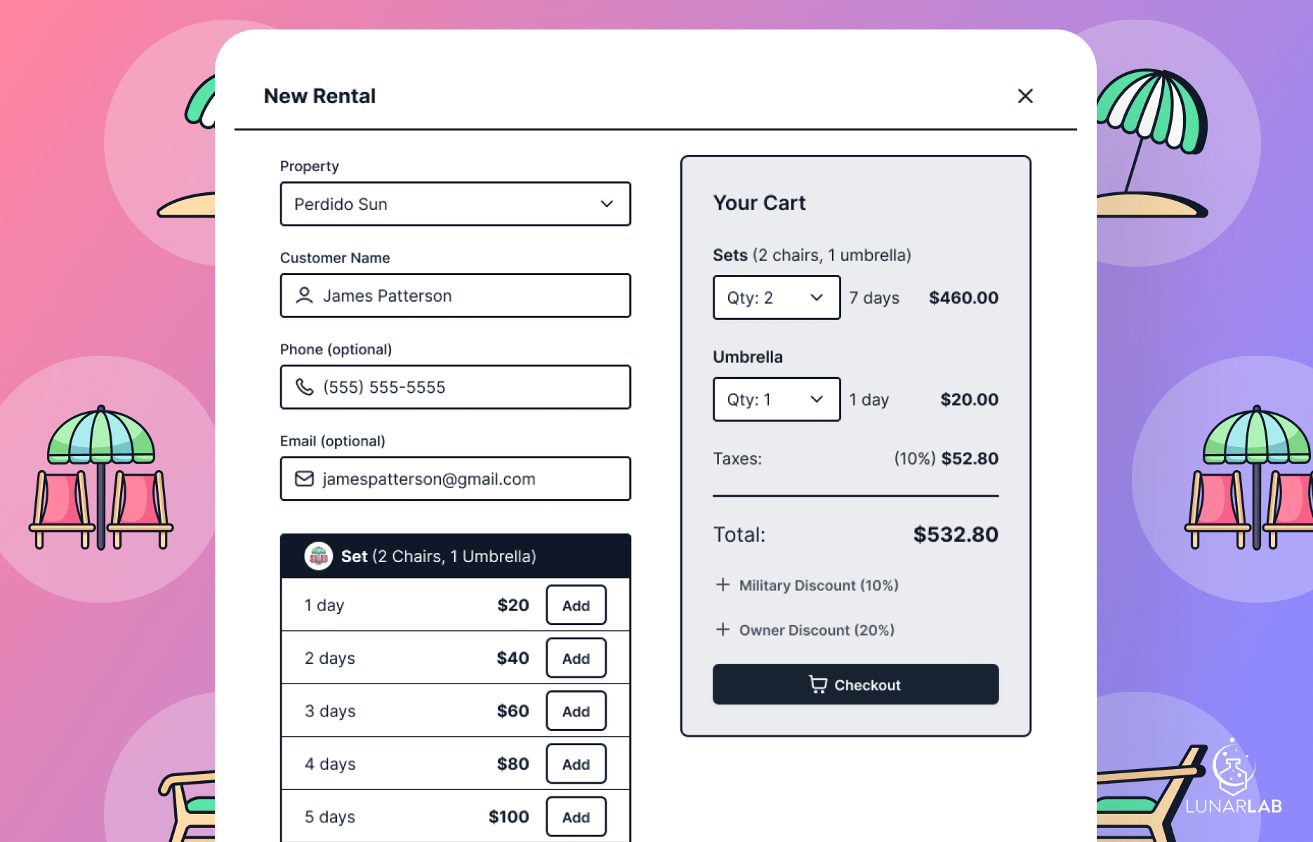 Perdido Beach Service UI mockups