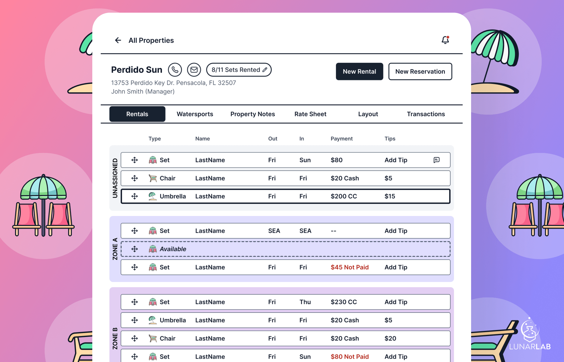 Perdido Beach Service UI mockups