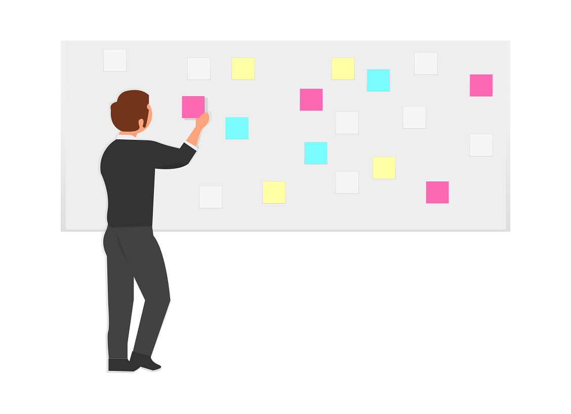 Drawing of a man rearranging post-its on a whiteboard.