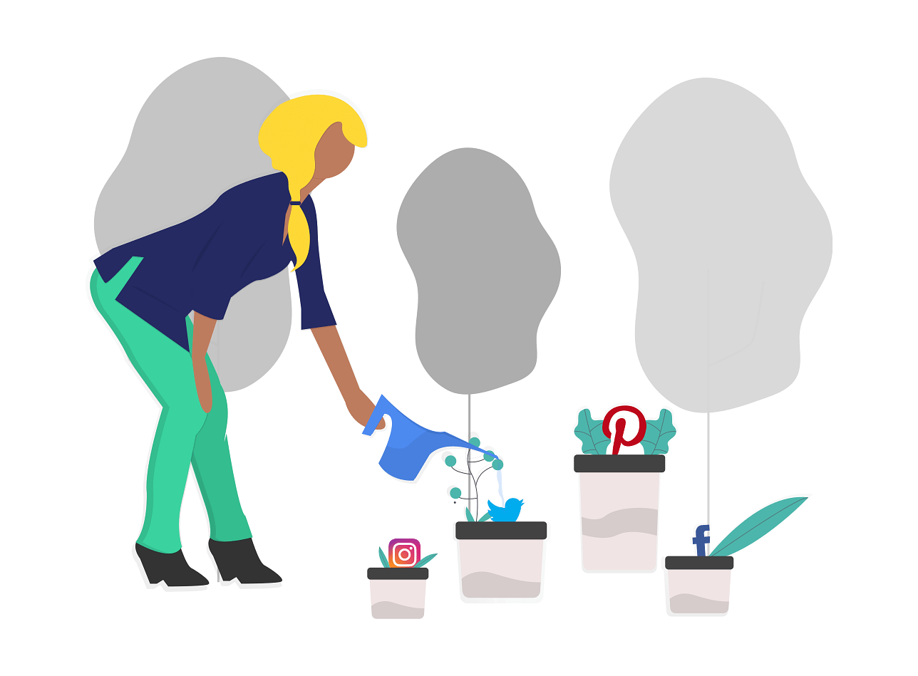 Drawing of a woman watering plants that look like social media network logos.