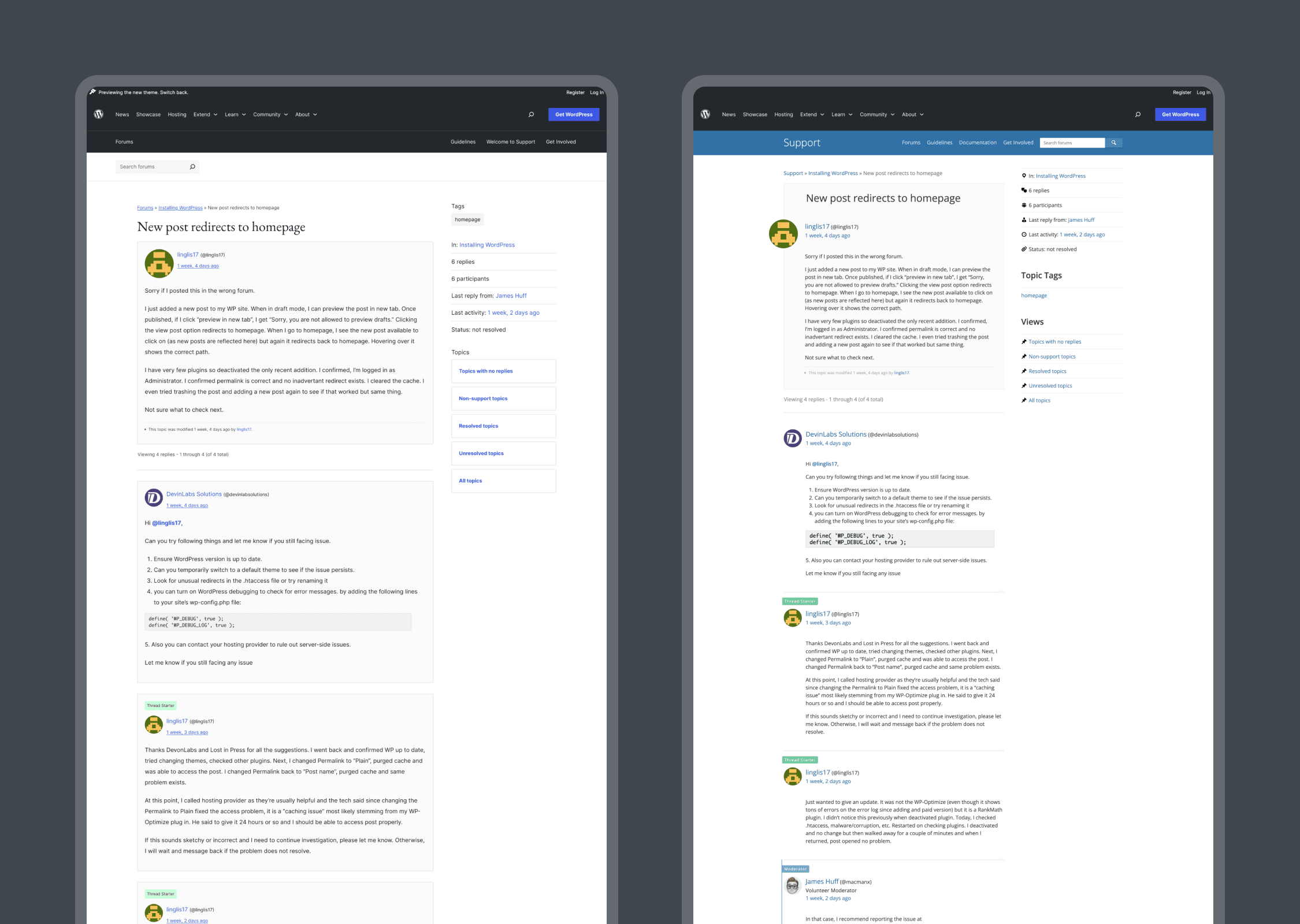 The updated single post layout versus the current site.