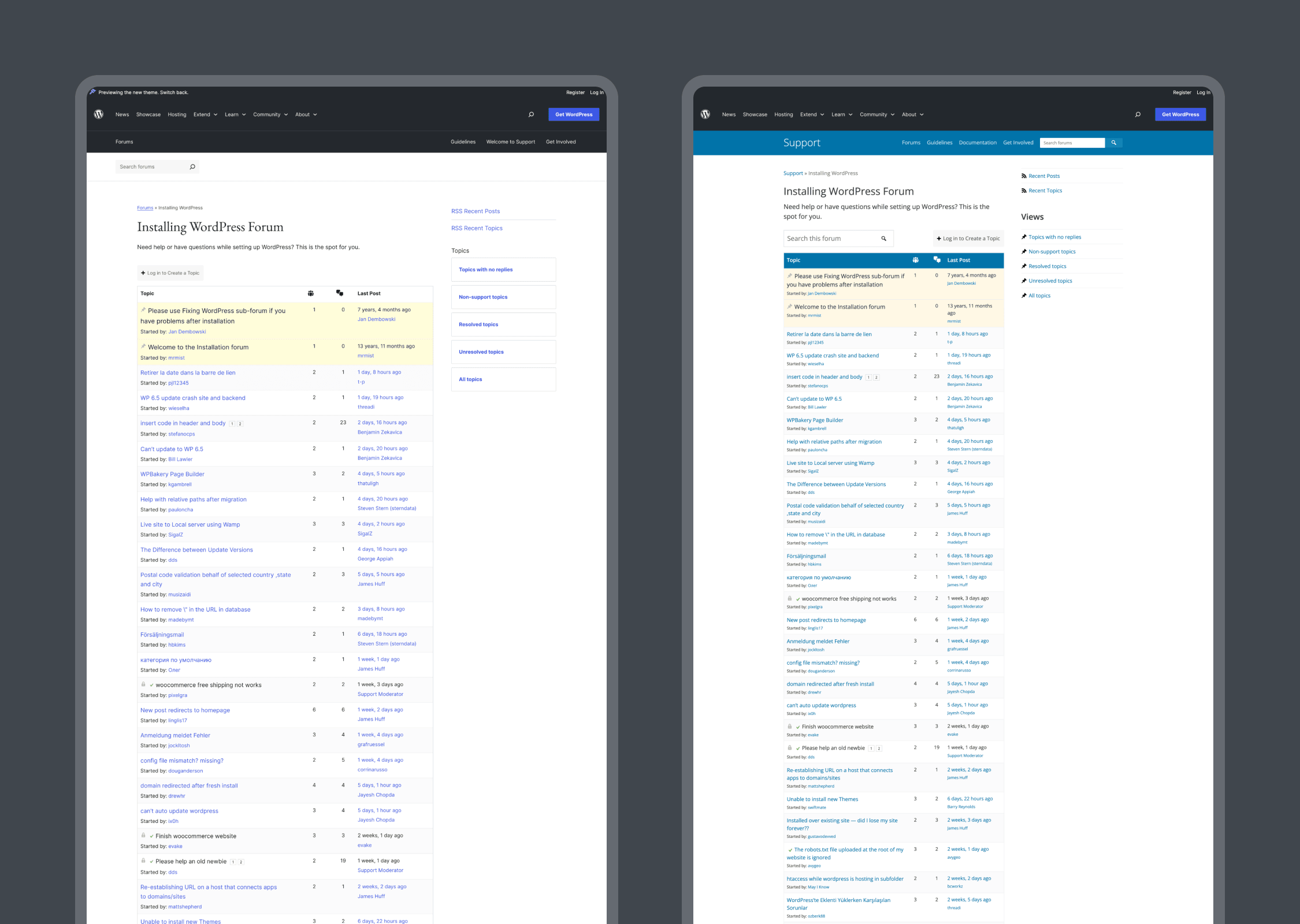 The updated forums layout versus the current site.