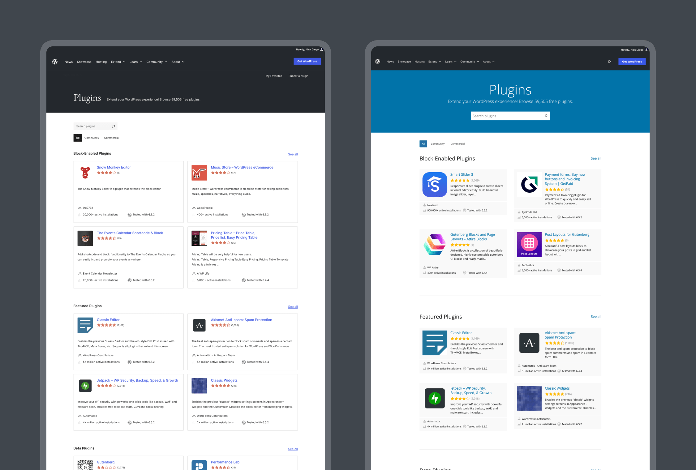 The updated homepage versus the current site.