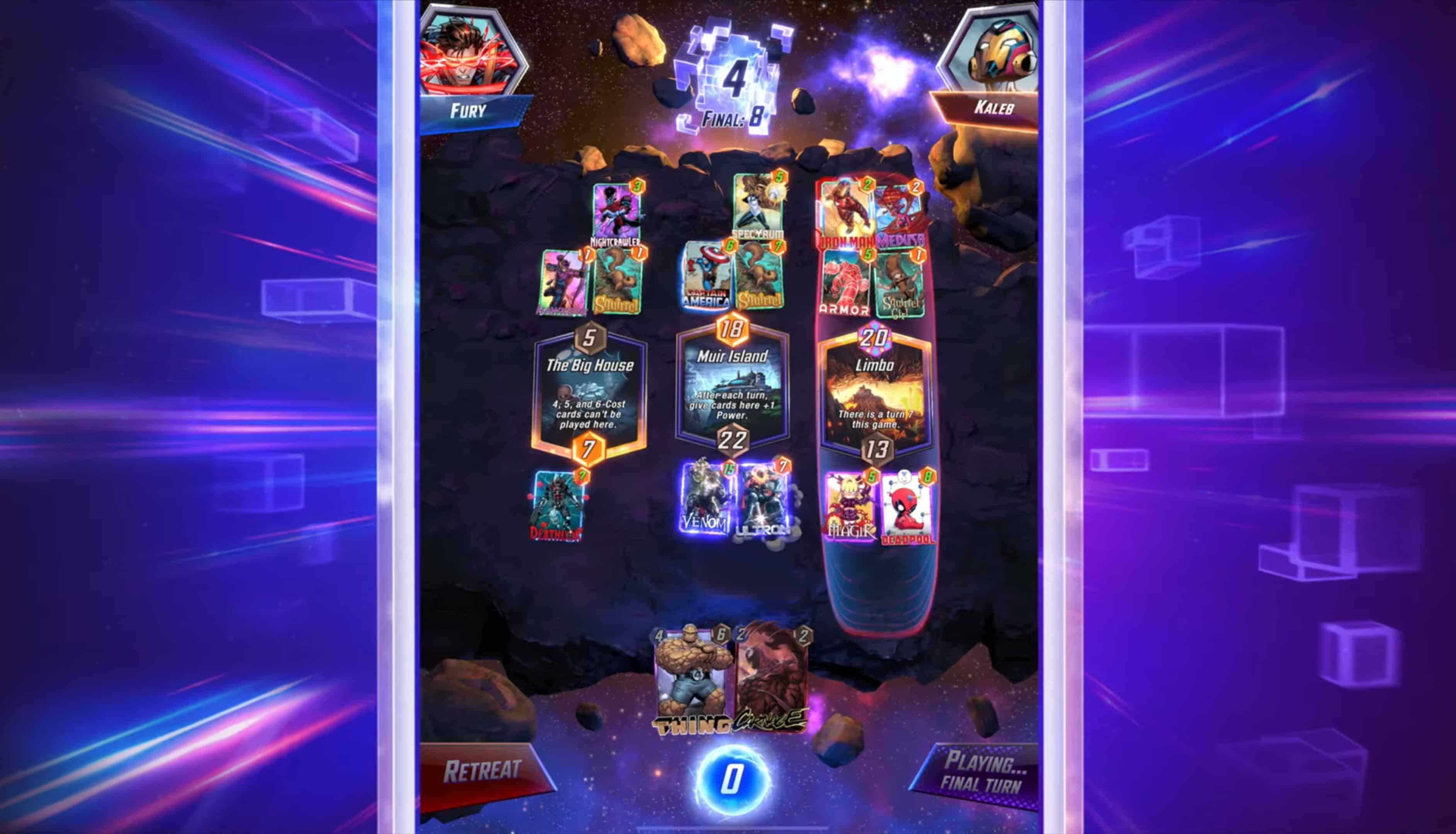 Gameplay image from Marvel Snap showing the amount of Cubes at stake