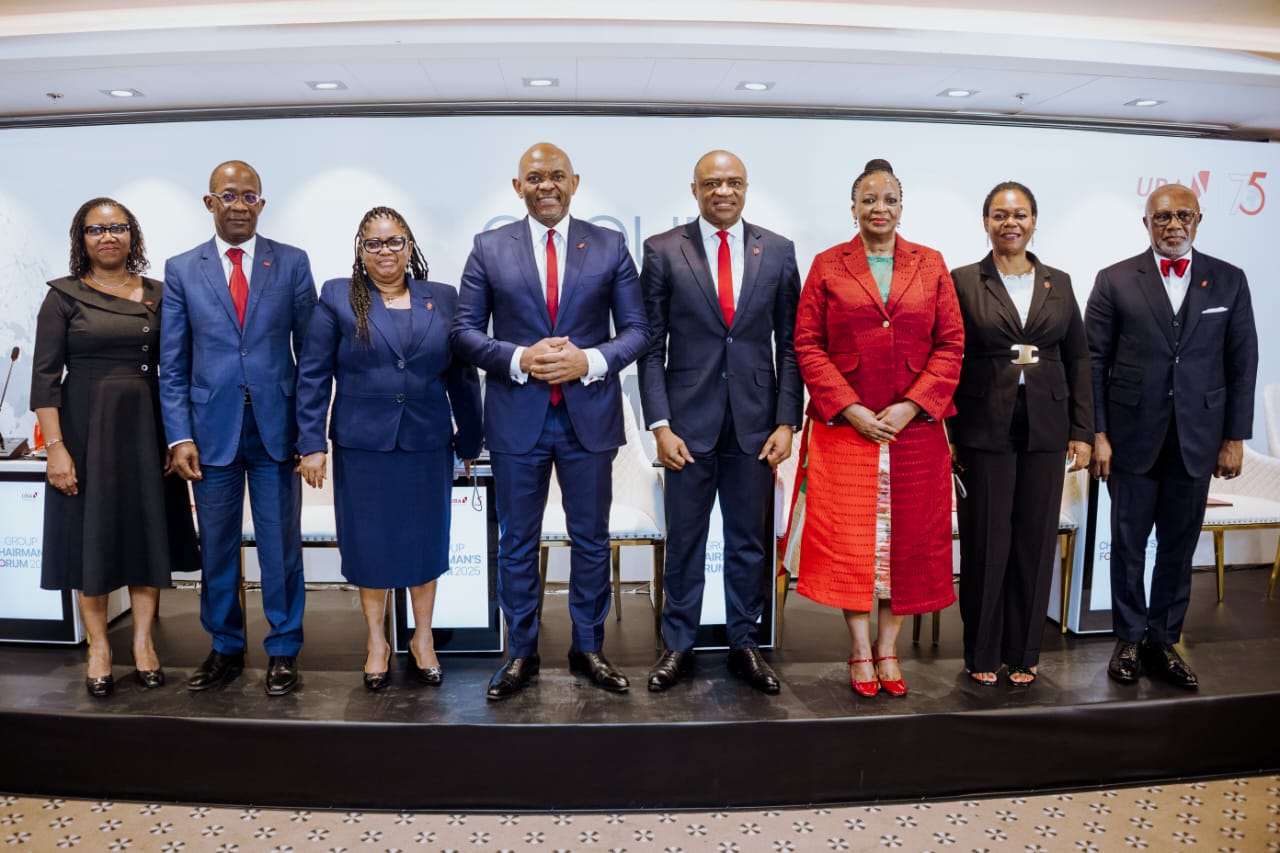 Group Chief Risk Officer, United Bank for Africa(UBA Group), Mrs Awele Ajibola; Chairman, UBA Cote d'Ivoire, Mr. Kouame Kouassi; Non-Exective Director, Chairman, Board Risk Management Committee, UBA Group, Mrs. Caroline Anyanwu; Group Chairman, UBA, Mr. Tony Elumelu; Group Managing Director/CEO, Mr. Oliver Alawuba; Non-Executive Director and Chairman, Board Audit, Governance, Nomination and Renumeration Committee, UBA Group, Ms Angela Aneke; Non-Executive Director and Chairman, Board Operations & Technology Committee, UBA Group, Mrs. Henrietta Ugboh; and Chairman, UBA Cameroon, Mr. Ebenezer Essoka, during the Interactive Panel Session on Governance and Risk at the 2025 Group Chairman’s Forum in Abuja on Wednesday.