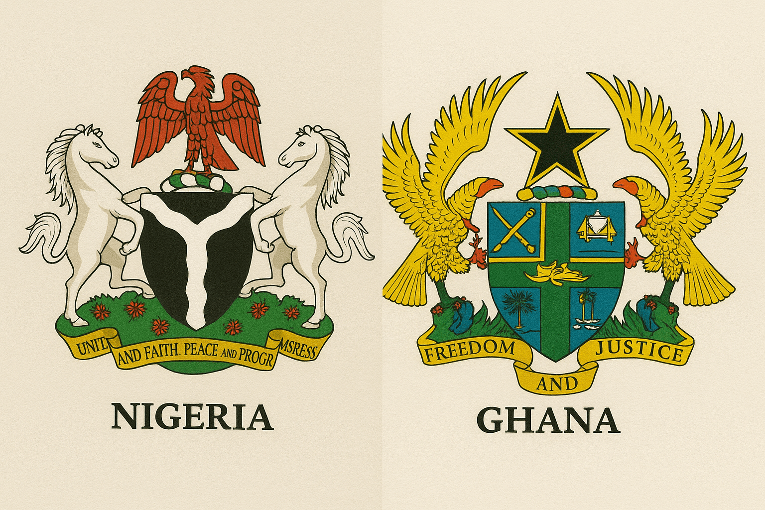 Nigeria and Ghana's coat of arms. [CREDIT: This image was AI generated]
