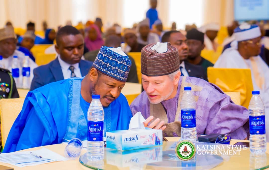Katsina State Governor, Dikko Umaru Radda (left) and the EU Ambassador to Nigeria and ECOWAS, Grantier Migrot at the launching of European Union-funded Conflict Prevention, Crisis Response, and Resilience project in Katsina on Monday
