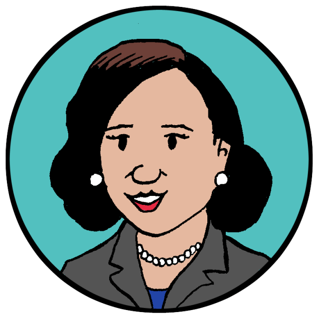 A cartoon of a woman in a business suit.