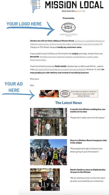 An example of an email newsletter layout with various content sections including a logo placeholder, an article excerpt about a mission street closure, an advertisement section, a news digest, and community stories featured with images and text.