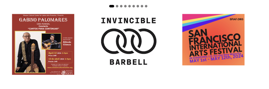 A collection of three posters: on the left, a music event poster with a musician holding a guitar; in the center, a logo for "invincible barbell"; and on the right, a colorful poster announcing the san francisco international arts festival.