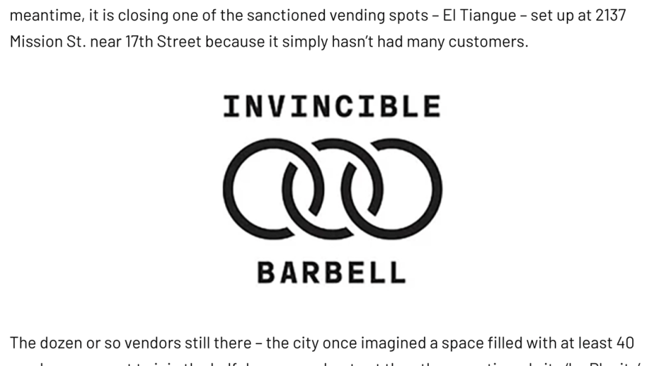 Image of a logo for "invincible barbell" with the text indicating the closure of a nearby vending spot due to a lack of customers.