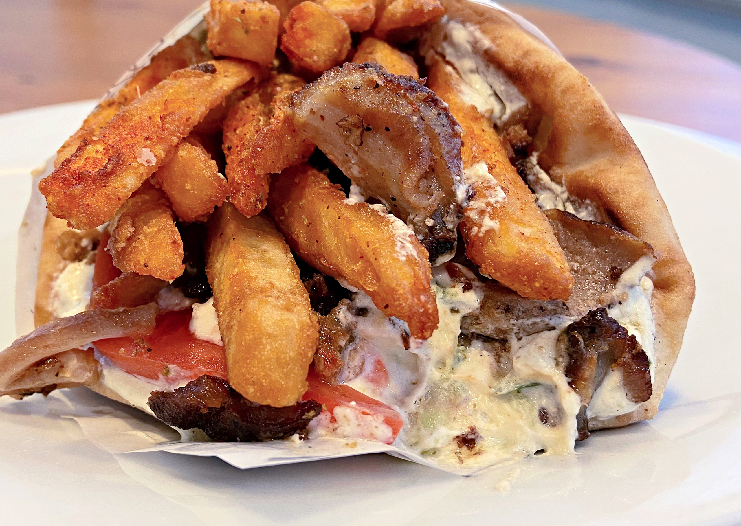 close up of a pork gyro from Efi's