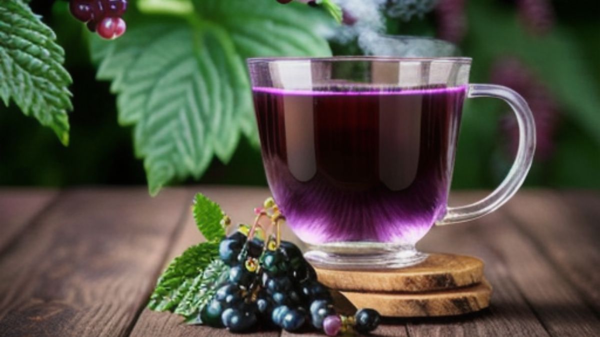 Steaming mug of black currant tea surrounded by vibrant purple and green currants on a wooden table
