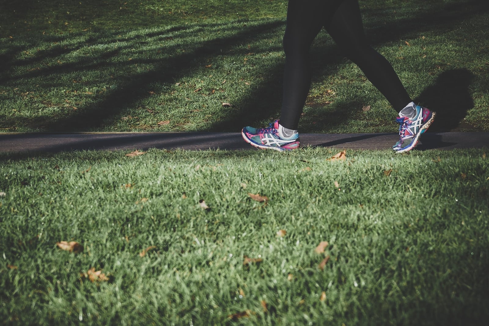 Shallow focus photography of person walking on road between grass-fitness walking