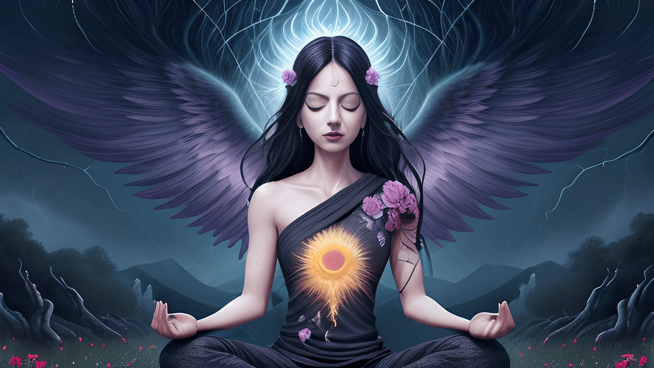 A person meditates, one half of their head a dark storm with a menacing figure whispering negativity, the other a sunny landscape with a friendly angel offering encouragement. Vines representing negativity are uprooted, replaced by vibrant flowers as a path leads from the storm towards the sunshine-turn negative into positive