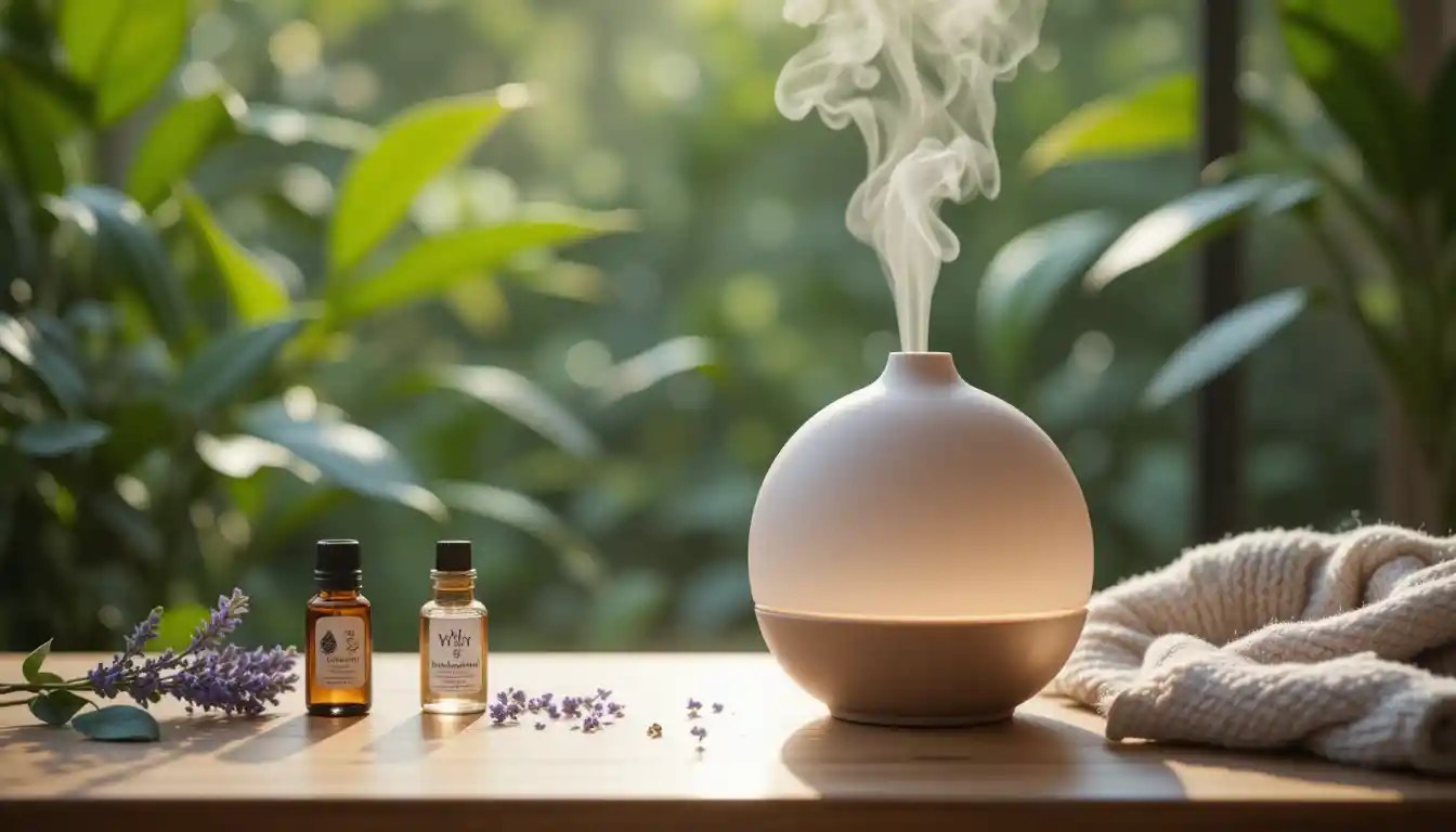 A serene scene captures an elegant ceramic aromatherapy diffuser perched on a sleek wooden table, soft light illuminating its gentle curves. Wisps of fragrant steam rise gracefully, dancing against a backdrop of lush green foliage. Nearby, delicate essential oil bottles glisten with droplets of calming lavender and invigorating eucalyptus, while a plush, textured throw blanket invites relaxation. The ambiance whispers tranquility, creating a visual symphony that beckons one to unwind and rejuvenate the senses-aromatherapy diffusers